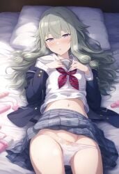 1girls ai_generated bed bedroom belly belly_button blush blush breasts breasts breasts clothed clothing female female_focus female_only green_hair high_resolution highres kusanagi_nene laying_down laying_on_back laying_on_bed looking_at_viewer naked navel on_back on_bed panties partially_clothed partially_clothed_female partially_nude partially_undressed pov project_sekai purple_eyes pussy school schoolgirl small_breasts solo solo_female solo_focus thighs tummy underwear uniform