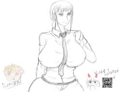 1girls big_breasts black_and_white breasts breasts chainsaw_man denji_(chainsaw_man) female heavy_breasts huge_breasts icantdraw makima_(chainsaw_man) nipples power_(chainsaw_man) shirt tie tie_between_breasts tight_clothing white_background