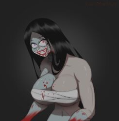 1girls bandages blood blood_on_arm blood_on_face collar constricted_pupils crazy_eyes female heterochromia kawaiiredpandas large_breasts looking_at_viewer patchwork_skin purple_eye red_eye solo zombie zombie_girl