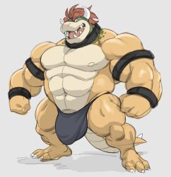 analon_(artist) anthro armband balls balls_outline bowser bracelet bulge choker clothed clothing detailed_bulge genital_outline genitals hi_res horn jewelry koopa looking_at_viewer male male_only mario_(series) mostly_nude mostly_nude_male muscular muscular_male necklace nintendo penis penis_outline scalie solo spiked_tail spikes spikes_(anatomy) tail thong thong_only toomanyboners topless underwear underwear_only