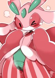 1girls artist_request black_eyes blush female_only flat_chest green_skin heavy_breathing insect lurantis mantis nintendo nude one_eye_closed pink_skin pokemon pokemon_(species) pokemon_sm pussy pussy_juice red_eyes red_skin solo standing steam wet wince yellow_background