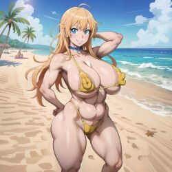 abs ai_generated beach belly_button big_breasts bikini blonde_hair blue_eyes bluecatrip blush blushing_at_viewer choker hand_behind_head huge_breasts kunaboto_(style) long_hair looking_at_viewer muscular_female nipple_bikini palm_tree puffy_nipples sand sea seaside seductive seductive_look seductive_smile smile smiling smirk stable_diffusion string_bikini swimsuit thick_thighs thong untied_hair yellow_bikini yellow_swimsuit