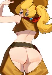 1girls ass assless_chaps back_view br4less cowgirl cowgirl_hat cowgirl_outfit cowgirl_peach cute female female_only hat l4wless looking_back low-angle_view mario_(series) nintendo princess_peach princess_peach:_showtime! sideboob solo tagme thick_thighs