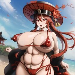 abs ai_generated areolae beach belly_button belly_button_piercing big_breasts black_hat bluecatrip erect_nipples fit fit_female flower flower_in_hair flowers flowers_in_hair genshin_impact gigantic_breasts hands_behind_back hat hoyoverse hu_tao_(genshin_impact) huge_breasts kunaboto_(style) long_hair mihoyo nipple_bulge piercing puffy_nipples red_bikini red_eyes red_hair red_ribbon red_swimsuit red_thong ribbon ribbons sea seaside stable_diffusion swimsuit swimwear thong