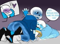 2d 3boys bed blush blushing breathing_heavily dialogue ectobody english_text female_genitalia gay gay_sex grabbing_arm humanoid looking_back male penetration sans sans_(undertale) sex slimeybonez smile straddling tongue_out underlust_sans underswap_sans undertale_(series) undertale_au undertale_fanfiction waving