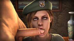 3d beret biohazard blue_eyes duo erection fellatio female jill_valentine jill_valentine_(julia_voth) oral penis resident_evil resident_evil_remake short_hair straight testicles thedickgrillsurgeon