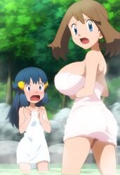 2024 2girls ai_generated bath big_breasts blue_eyes blue_hair blush brown_hair cleavage dawn_(pokemon) female gamefreak highres human large_breasts may_(pokemon) mayday_(artist) nintendo outdoors pokemon pokemon_(anime) water