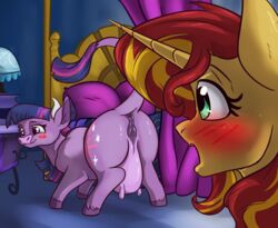 alorix anatomically_correct animal_genitalia animal_pussy anus ass bedroom blush bovine cattle equine female feral friendship_is_magic horse mammal my_little_pony pony pussy sunset_shimmer teats twilight_sparkle_(mlp) udders