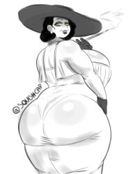 1girls alcina_dimitrescu artist_signature bbw big_hat black_gloves black_hair chubby chubby_female curvy curvy_female dress fat_ass gigantic_ass gloves hat huge_ass huge_breasts lips looking_back mature_female milf necklace panties resident_evil resident_evil_8:_village see-through skintight smoking squishcap_(artist) thick_lips thick_thighs tight_clothing tight_dress yellow_eyes