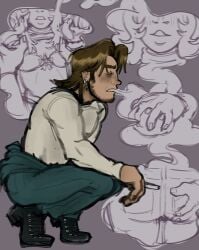 anya_(mouthwashing) brown_hair combat_boots crouching earring fantasizing grabbing_ass imminent_rape imminent_sex jacket_around_waist jimmy_(mouthwashing) lifting_shirt male_focus mouthwashing mouthwashing_(game) smoke smoke_cloud smoke_from_mouth smoking smoking_cigarette thought_bubble