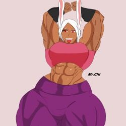 1girls abs abs_focus arms_behind_back arms_up biceps boku_no_hero_academia breasts breasts_bigger_than_head bunny_ears bunny_girl caulifla caulifla_(cosplay) dark-skinned_female dark_skin dominant dominant_female dragon_ball dragon_ball_super female female_only looking_down looking_from_below miruko mr.chi muscular muscular_anthro muscular_arms muscular_biceps muscular_female muscular_legs muscular_thighs my_hero_academia pink_background pink_shirt pink_top purple_pants red_eyes rumi_usagiyama sharp_teeth teeth teeth_showing tongue tongue_out white_hair