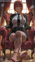 1girls ai_generated barefoot braided_ponytail breasts business_suit chainsaw_man dominant dominant_female feet feet_focus feet_together feet_up female legs long_hair makima_(chainsaw_man) patreon ponytail red_hair self_upload suit thick wet yellow_eyes