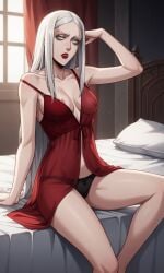 1girls ai_generated ass bewitching_thighs bigmic145 breasts carmilla_(castlevania) castlevania castlevania_(netflix) lips long_hair medium_breasts negligee nightgown panties red_dress see-through see-through_clothing thighs vampire vampire_girl white_hair