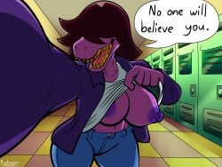 alleyway anthro areolae artist_name blue_jeans bullying casual casual_exposure casual_nudity deltarune english english_text exposed_breasts exposing_self female female_focus female_only flashing_breasts freckles freckles_on_breasts freckles_on_face hair_over_eyes high_resolution humanoid lifting_own_clothes lifting_shirt locker nipples no_bra no_bra_under_clothes partially_clothed partially_clothed_female perspective pink_body pink_tongue pov protagon purple_areola purple_jacket purple_nipples scalie school sharp_teeth showing_breasts showing_off snout solo solo_female solo_focus susie_(deltarune) talking_to_viewer teasing teasing_viewer tongue undertale_(series) white_shirt