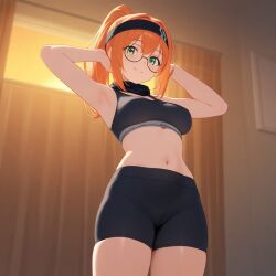 ai_generated bandana bike_shorts bra breasts ginger glasses green_eyes ponytail small_breasts thighs