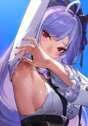 arm_up armpits ascot black_skirt blush bow bowtie breast_curtains breasts brooch center_frills corset dress female frilled_hairband frills hairband highres jewelry long_hair looking_at_viewer medium_breasts multicolored_hair pointy_ears purple_hair red_eyes shrug_(clothing) sideboob skirt solo streaked_hair vivian_banshee white_dress white_hair white_shrug zenless_zone_zero zonotaida