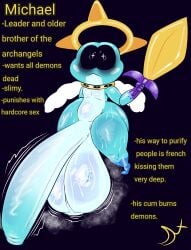 1boy angel frog hyper hyper_balls hyper_penis hyper_thighs male michael_(plushtrapboy) plushtrapboyuwu sword tagme text