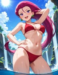 2025 4kids_entertainment ai_generated anime belly deviantart elryusam evil_grin evil_smile forest green_earrings grinning_at_viewer hand_on_hair hand_on_hip jessie_(pokemon) looking_at_viewer meta nintendo not_porn open_mouth orange_cheeks pink_hair pokemon purple_eyes red_bikini smile_at_viewer smiling_at_viewer team_rocket tummy waterfall wet_bikini wet_body wet_skin