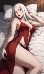 1girls ai_generated bewitching_thighs bigmic145 breasts carmilla_(castlevania) castlevania castlevania_(netflix) lips long_hair medium_breasts negligee nightgown panties red_dress see-through see-through_clothing sleeping thighs vampire vampire_girl white_hair