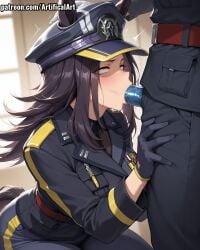 1boy 1girls ai_generated animal_ears artifical_art black_hair black_hat blowjob blowjob_face blush condom condom_on_penis fenomeno_(umamusume) horse_ears horse_girl horse_tail light-skinned_female light_skin oral oral_penetration oral_sex peaked_cap penis penis_in_mouth perfect_body purple_eyes sex sucking sucking_penis umamusume umamusume_pretty_derby white_gloves