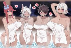 4girls 7a_(se7ena) ;o animal_ears arm_behind_head arm_under_breasts arms_under_breasts black_hair blue_eyeliner blue_eyes blush boku_no_hero_academia breasts cleavage collarbone covering_privates crossed_arms crossover curvy dark-skinned_female dark_skin eye_of_horus eyeliner female_focus furrowed_brow hair_between_eyes hair_ornament hand_on_own_chest hathor_(last_origin) heart highres huge_breasts last_origin long_eyelashes long_hair looking_at_viewer makeup melt_(last_origin) mirko miruko multiple_girls my_hero_academia naked_towel night nintendo no_horns nude_cover one_eye_closed one_side_up onsen parted_bangs parted_lips pink_eyes pointy_ears pokemon pokemon_bw ponytail rabbit_ears rabbit_girl red_eyes red_hair short_hair skyla_(pokemon) spoken_heart steam thick_thighs thighs towel trait_connection wading water wet white_hair wide_hips