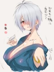 alcohol big_breasts blush breasts cleavage female female_only gegege_no_kitarou genderswap_(mtf) hair_over_one_eye huge_breasts kimono kitarou_tanjou_gegege_no_nazo looking_at_viewer medama_oyaji_(human) milf no_bra red_eyes rule_63 sakazuki sake short_hair solo sweat upper_body white_hair