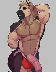 1boy 2016 abs animal_genitalia animal_penis anthro armpits biceps big_muscles black_fur black_nose brown_fur brown_hair bulge clothed clothing equine equine_penis fur hair half-erect horse horsecock knuxlight looking_at_viewer male male_only mammal multicolored_fur muscular muscular_male navel pecs penis pose simple_background smile solo standing teeth topless underwear white_background