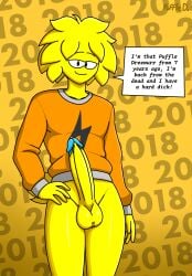 1male 2018 2025 anthro anthrofied artist blouse classic club_penguin dialog dialogue dialogue_box disney early_design male male_only penis puffle puffledreemurr sweater yellow_fur