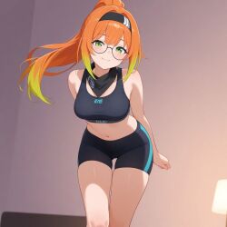 ai_generated bandana bike_shorts bra breasts ginger glasses green_eyes ponytail small_breasts thighs