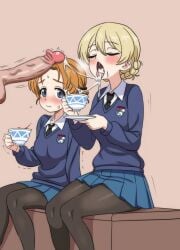 1boy 2girls black_pantyhose blue_eyes blue_skirt blue_sweater blush braid brown_background censored closed_eyes closed_mouth commentary cum cum_in_mouth cum_string cup darjeeling ejaculation english_commentary erection girls_und_panzer gokkun highres hippo_power holding holding_cup holding_saucer miniskirt mosaic_censoring multiple_girls nape_braid open_mouth orange_hair orange_pekoe pantyhose penis pleated_skirt revision saucer school_uniform schoolgirl simple_background sitting skirt st._gloriana's_school_uniform straight sweater tea teacup tongue tongue_out