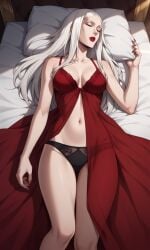 1girls ai_generated bewitching_thighs bigmic145 breasts carmilla_(castlevania) castlevania castlevania_(netflix) lips long_hair medium_breasts negligee nightgown panties red_dress see-through see-through_clothing sleeping thighs vampire vampire_girl white_hair