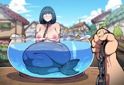 1boy 1boy1girl ai_generated chained chains fantasy large_breasts leash mermaid mullon novelai nude original original_character pov pov_hands restrained slave slave_collar slavegirl submerged