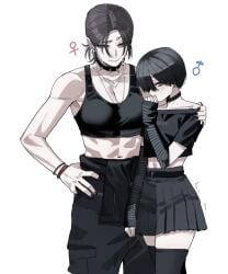 1boy 1boy1girl 1girls arm_sleeves bigger_female blush blush_lines blushing bra choker couple crop_top cute digital_drawing_(artwork) digital_media_(artwork) dominant dominant_female drawing female female_symbol femboy femboy_on_female femboysub feminine_male hair_bun hand_on_hip hand_on_shoulder leggings looking_at_partner male male_on_bottom male_symbol masculine_female muscular muscular_female oc original original_character original_characters shorter_male shy skirt slim slim_waist smaller_male standing submissive submissive_male taller_female taller_girl thighhighs thighs tomboy tomboy_on_femboy white_background