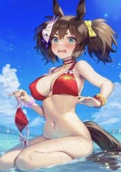 ai_generated animal_ears big_breasts bikini bikini_bottom_down brown_hair female green_eyes hair_accessory hair_ornament hikimayu horse_girl inari_one_(umamusume) twintails twintails umamusume umamusume_pretty_derby wet