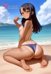 1girls 2d ai_generated areolae ass back bare_shoulders beach big_ass bikini bikini_pull black_hair blue_bikini blue_eyes brown_eyes competition_swimsuit dark_skin dark_skinned_female day erophoenix female female_focus full_body hairclip hayase_nagatoro jewelry long_hair looking_at_viewer ocean one-piece_swimsuit one-piece_tan outdoors patreon_username please_don't_bully_me,_nagatoro pointy_ears sitting skin_fang sky small_breasts smile solo swimsuit tan tan_body tan_lines tanline thick thick_thighs uncensored