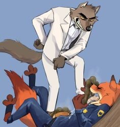 3_toes anthro blue_background bodily_fluids body_worship bottomwear brown_body brown_fur canid canine canis closed_eyes clothing cum dirty dirty_feet disney dominant dominant_anthro dominant_male dreamworks duo ejaculation fangs feet foot_fetish foot_on_face foot_on_penis foot_play foot_sniffing fox fur genital_fluids genitals grin hi_res humanoid_genitalia humanoid_penis male male/male mammal mr._wolf_(the_bad_guys) musk_worship musky_feet nick_wilde open_mouth orange_body orange_fur pants penis police police_uniform red_body red_fur shirt simple_background smelly smelly_feet smile sniffing standing stink_fumes submissive submissive_anthro submissive_male suit_jacket sweat sweaty_feet taro_anderson teeth the_bad_guys toes tongue tongue_out topwear uniform wolf zootopia