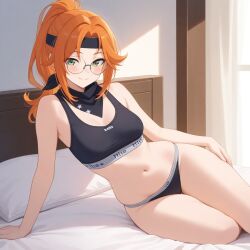 ai_generated bandana bra breasts ginger glasses green_eyes panties ponytail small_breasts thighs