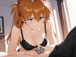 1boy 1girls ai_generated asuka_langley_sohryu bra breasts chastity_cage cum_in_mouth cum_on_breasts female femdom kissing male neon_genesis_evangelion netorare panties smirk snowballing touching_penis used_condoms_belt