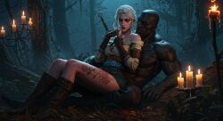 3d 3d_(artwork) 3d_model ai_generated before_sex blacked candelabra candles ciri cirilla_fiona_elen_riannon interracial leshay7 muscular_male sitting_on_lap sword tattoo the_witcher_(series) the_witcher_3:_wild_hunt white_hair