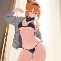 ai_generated bandana bikini breasts ginger glasses green_eyes jacket ponytail small_breasts thighs