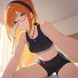 ai_generated bandana bike_shorts bra breasts ginger glasses green_eyes ponytail small_breasts thighs