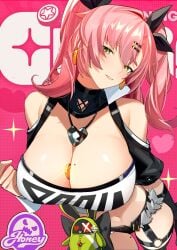 between_breasts black_shorts breasts coin denim denim_shorts earrings female green_eyes grin heart heart_necklace jewelry looking_at_viewer mole mole_on_breast navel necklace nicole_demara shorts smile solo teeth two_side_up yueyueyue_yao zenless_zone_zero
