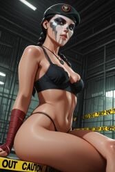 ai_generated below_view bra braided_hair caution_tape caveira_(rainbow_six) facepaint legs_crossed lingerie looking_at_viewer military rainbow_six_siege simple_background sitting tape thong troythekid wrist_wraps