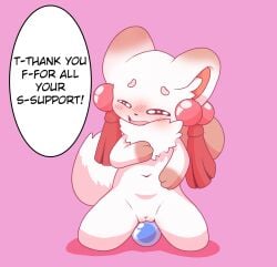 2025 anthro blush blush_lines chest_tuft closed_eyes colored digital_drawing_(artwork) digital_media_(artwork) ear_accessory fabulous_beasts female fur gem genitals herpestid hi_res inner_ear_fluff kneeling lucky_luxio mammal mongoose navel open_mouth orb pussy red_accessory shaded shy simple_background solo speech_bubble text tubaoshu_(fabulous_beasts) tuft white_body white_fur