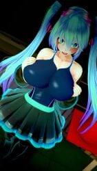 3d big_breasts blue_eyes blue_hair breasts clothed hatsune_miku huge_breasts pov swimsuit swimwear tight_clothing twintails vocaloid