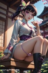 1girls ai_generated architecture artist_name ass black_footwear black_hair blunt_bangs boots breasts butterfly_hair_ornament day demon_slayer east_asian_architecture female hair_ornament hi_res japanese_clothes kimetsu_no_yaiba kimono lips long_hair long_sleeves looking_at_viewer medium_breasts multicolored_hair obi outdoors panties panty_pull parted_lips patreon_logo patreon_username pink_panties progenarts purple_eyes purple_hair purple_panties pussy sash side_ponytail sitting solo tsuyuri_kanao underwear web_address
