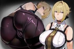 arm_strap ass bakkanki black_bow black_choker black_pants blonde_hair bow breasts chest_harness choker closed_mouth collared_shirt evelyn_chevalier female hairbow harness highres large_breasts looking_at_viewer pants purple_eyes shirt short_hair solo thigh_strap white_shirt zenless_zone_zero