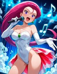 2025 4kids_entertainment ai_generated anime deviantart elryusam goldeen goldeen_(cosplay) green_earrings jessie_(pokemon) kasumi_(pokemon) meta misty_(pokemon)_(cosplay) nintendo not_porn open_mouth orange_cheeks pink_hair_female pokemon purple_eyes_female singing stage team_rocket white_gloves