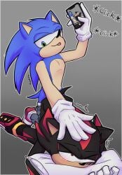 anthro anthro_on_anthro clothing doggy_style dominant_male domination franticfoe_(artist) gloves male male/male male_focus male_only partially_clothed shadow_the_hedgehog softcore sonic_(series) sonic_the_hedgehog sonic_the_hedgehog_(series) submissive_male suggestive taking_photo taking_picture