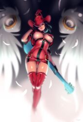 black_hair bob_cut boots breasts clothing_lift crop_top feathers female fingerless_gloves gloves green_eyes guilty_gear guitar hat hat_over_one_eye high-waist_skirt highres i-no instrument looking_at_viewer microskirt nipples one_breast_out optionaltypo pantyshot pantyshot_(standing) parted_lips red_legwear short_hair skirt smile solo speaker thigh_boots thighhighs underboob wings witch_hat